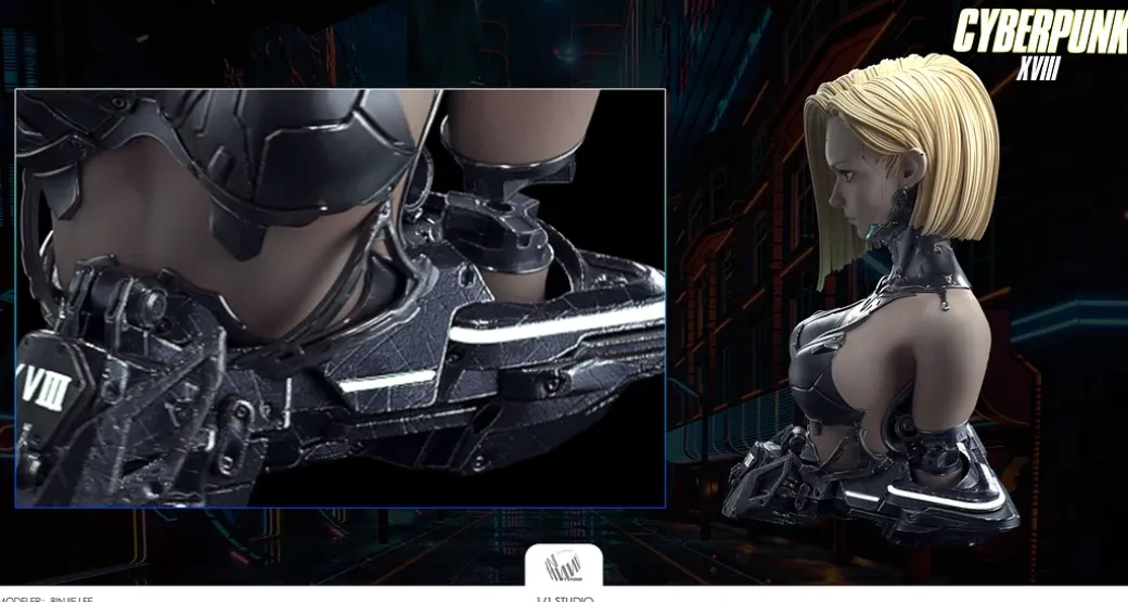 1/1 Scale Cyberpunk XVIII Ver. Android 18 Bust Statue with LED - Dragon Ball Resin Statue - 1/1 Studio