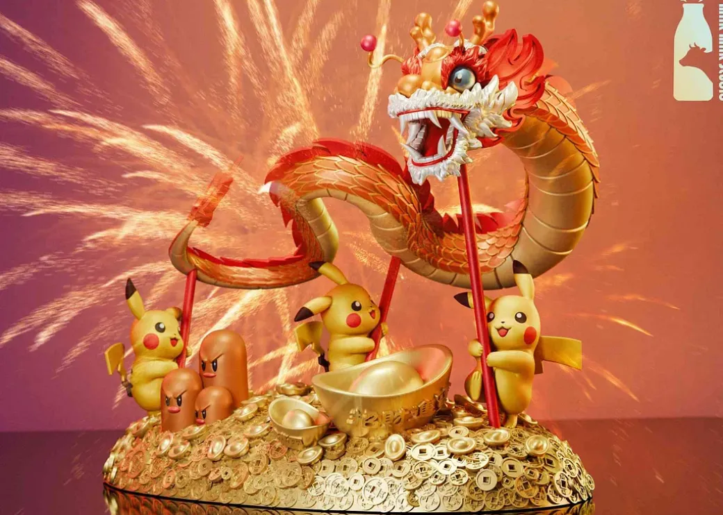 Brilliant Golden Light Dragon Dance Ver. Pikachu with LED - Pokemon Resin Statue - MM Studio