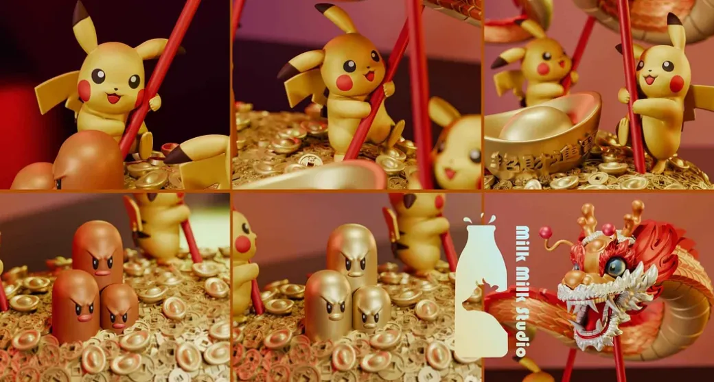 Brilliant Golden Light Dragon Dance Ver. Pikachu with LED - Pokemon Resin Statue - MM Studio