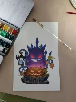 Gengar Postcard & Original Painting - Free Shipping - Pokemon