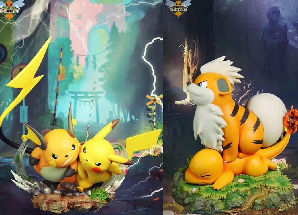 Pokemon Playing Series 005 Raichu Racing With Pikachu & 006 Growlithe Press Charmander - Pokemon Resin Statue - WASP Studios