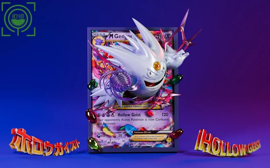 White Mega Gengar Coming Out From Pokemon Card - Pokemon Resin Statue - GEISHA Studio